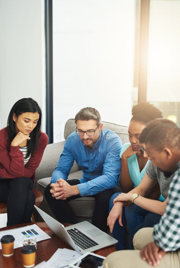 Documents, discussion and people with laptop in office for project information, review or IT research. Business, team stock images