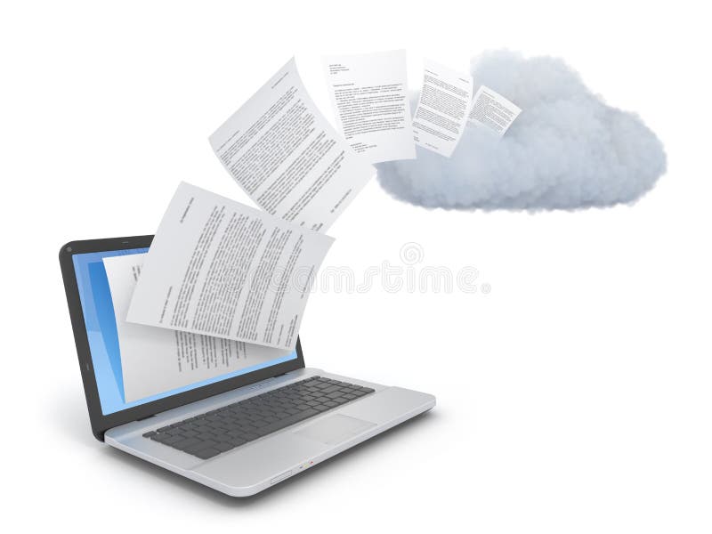 Documents ou données de transfert à un nuage. illustration stock Documents ou données de transfert à un nuage. illustration stock