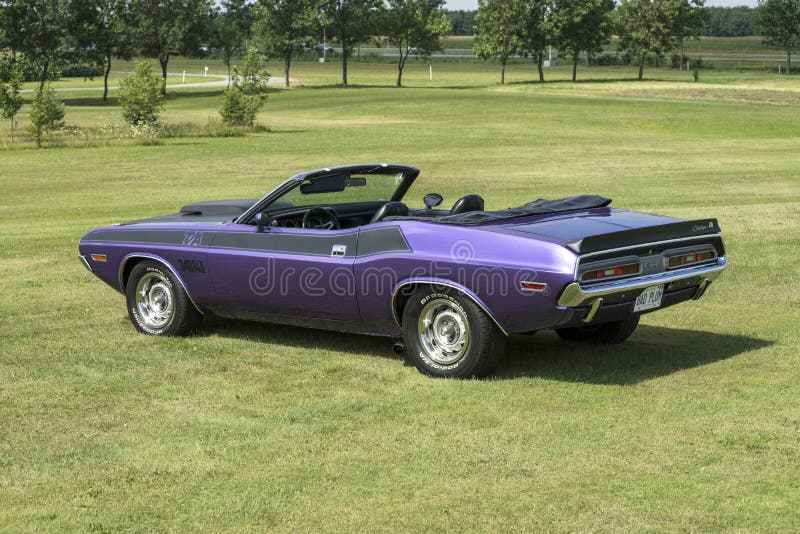 St-liboire august 8, 2015 rear side view of classic dodge challenger convertible during car show. St-liboire august 8, 2015 rear side view of classic dodge challenger convertible during car show