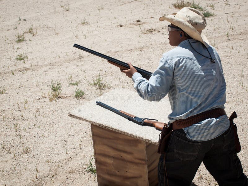 2012 annual match of Colorado Shaketails Cowboy Action Shooting SASS Club. The firearms used are based on those which existed in the 19th century American West, i.e. lever action rifle, single action revolver, and shotgun. 2012 annual match of Colorado Shaketails Cowboy Action Shooting SASS Club. The firearms used are based on those which existed in the 19th century American West, i.e. lever action rifle, single action revolver, and shotgun.