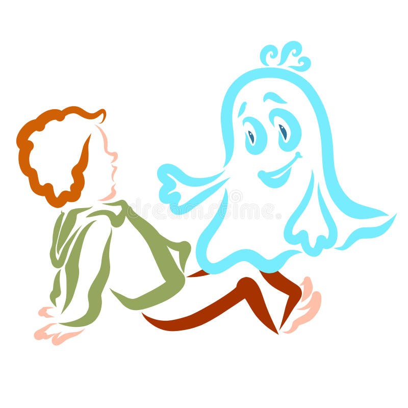 Doen schrikken jongen en weinig vrolijk spook, contour stock illustratie Doen schrikken jongen en weinig vrolijk spook, contour stock illustratie
