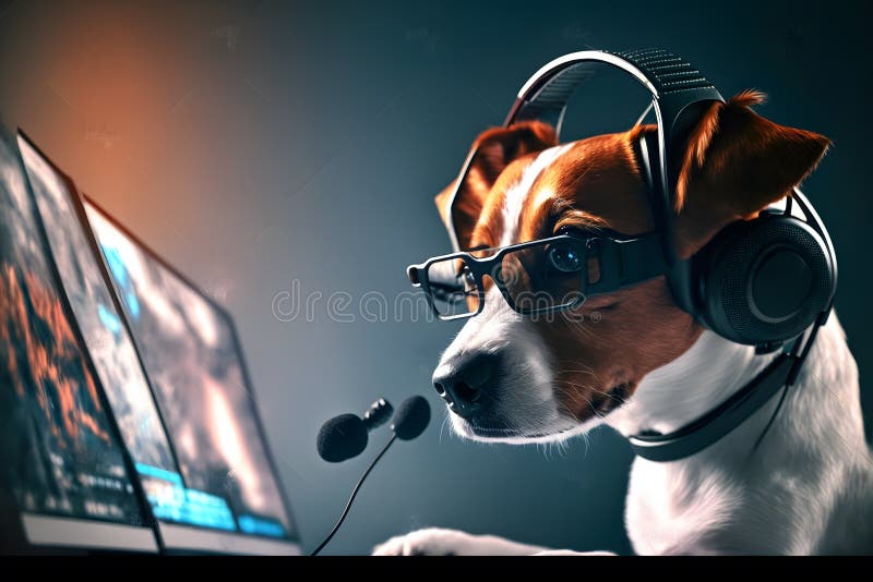 Dog As Video Game Live Stream Gamer Use PC Computer for Entertainment. Neural Network Generated 