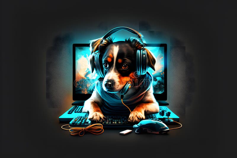 Dog As Video Game Live Stream Gamer Use PC Computer for Entertainment. Neural Network Generated 