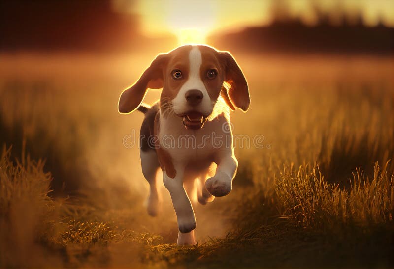 Dog Beagle running and jumping with tongue out through green grass field in a spring stock image