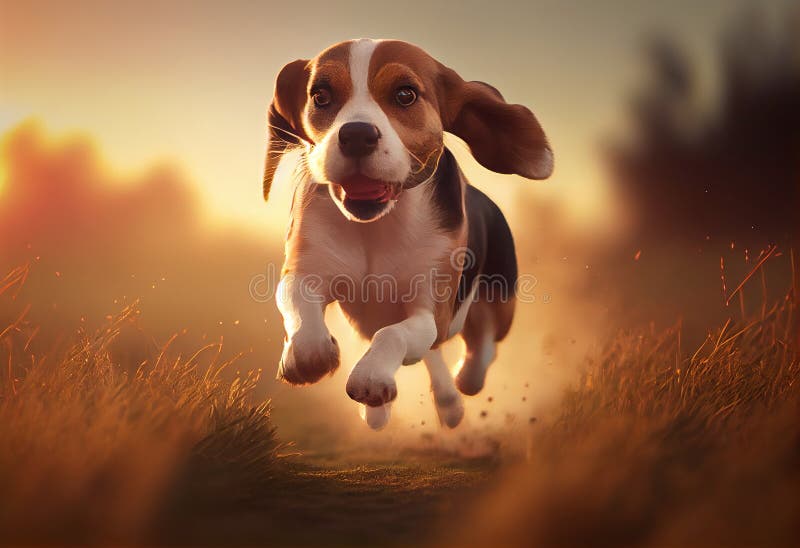 Dog Beagle running and jumping with tongue out through green grass field in a spring royalty free stock photography