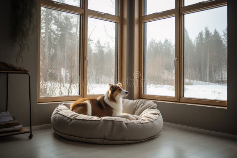 Dog Bed in Warm, Cozy Corner of Room with View of the Window Stock