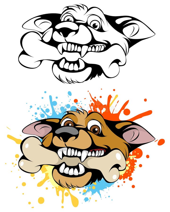 Vector illustration of dog with bone in his mouth. Growling dog vectors