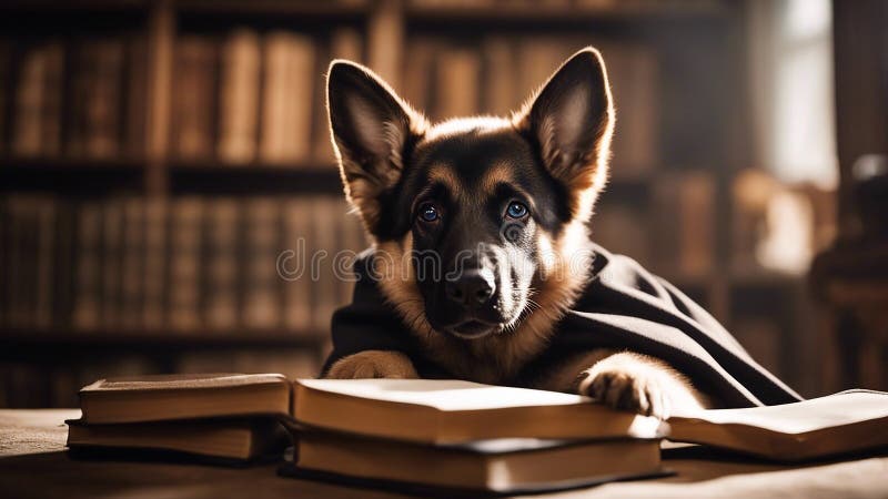 dog with book A playful German Shepherd puppy dressed as a wizard, complete with a cloak and a wand, ai generated