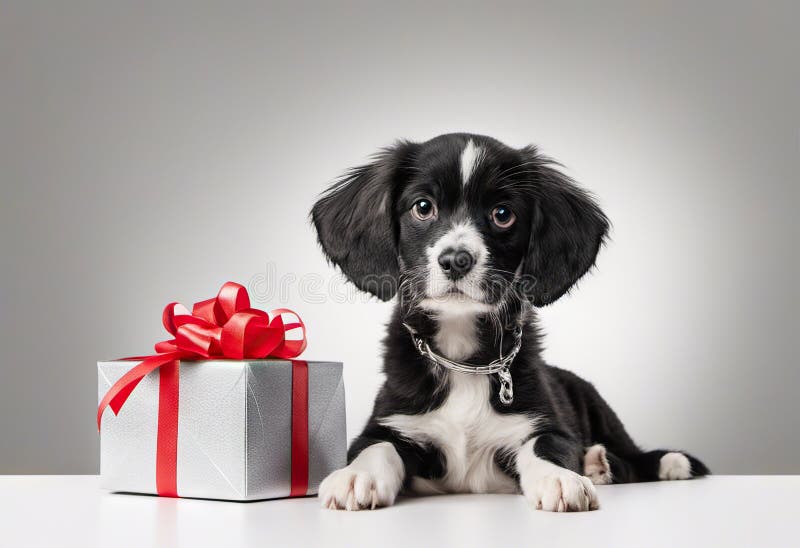 Dog and cat with gift box ribbon bow, on background, happy animals, holidays