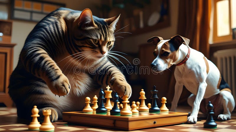 Dog and cat play chess game royalty free illustration