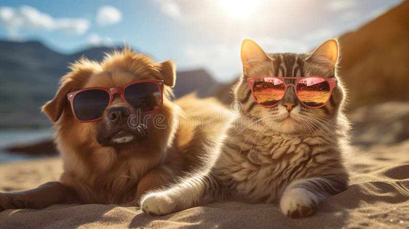 Black cat, cartoon, cat, fluffy, pet, sunglasses, vacation icon