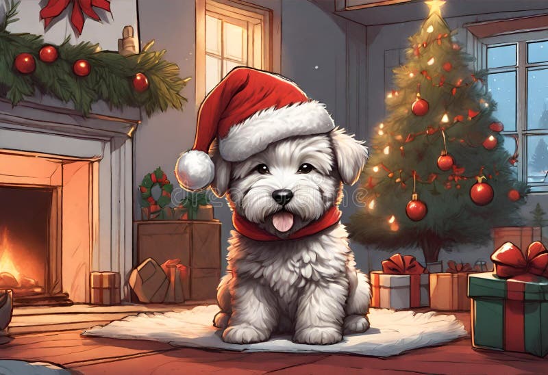 Christmas Secene. a Puppy Dog Wearing