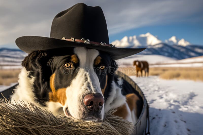 Dog in Cowboy Hat Resting Outdoors Illustration Generative AI Stock