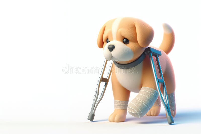 A Dog with Crutches and Bandaged Paws. Place for Text. Stock