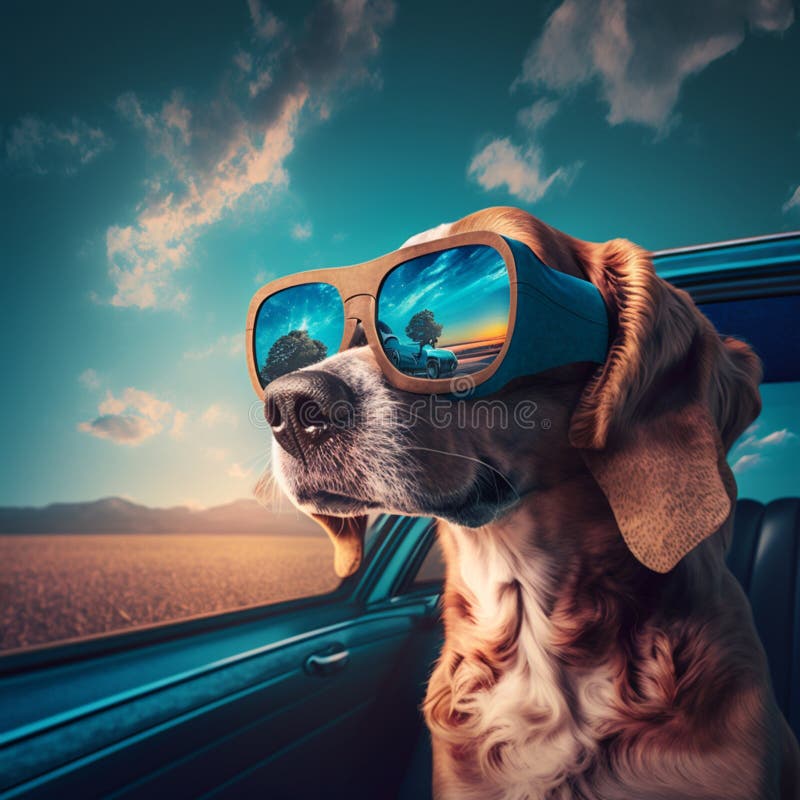 A Dog Driving a Car in Glasses, Generative AI Stock Illustration