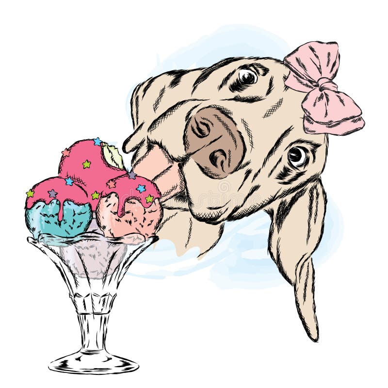 Dog Eats Ice Cream. Cute Puppy with Dessert. Stock Vector