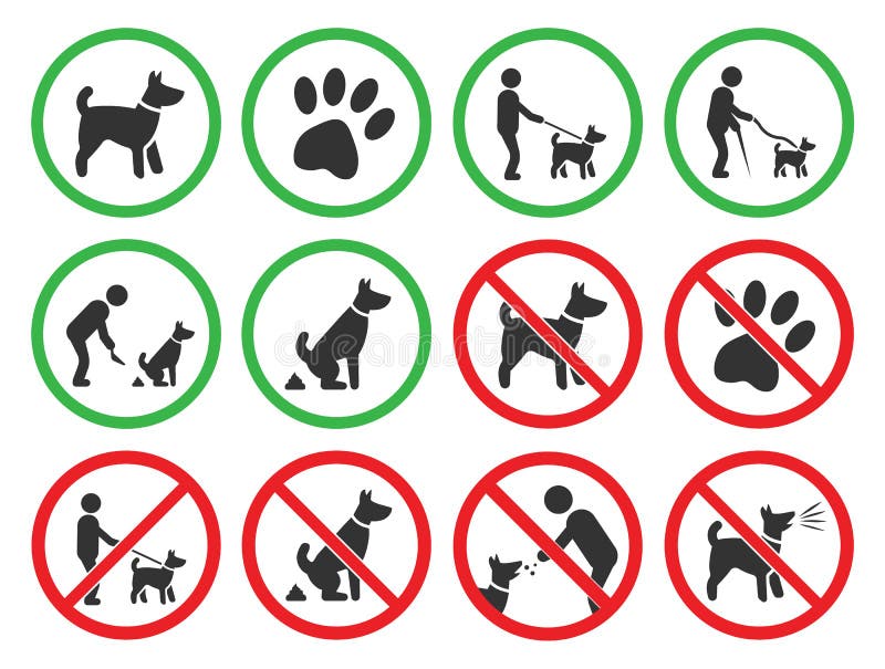 Dog friendly and dog restriction signs, dog prohibited icons