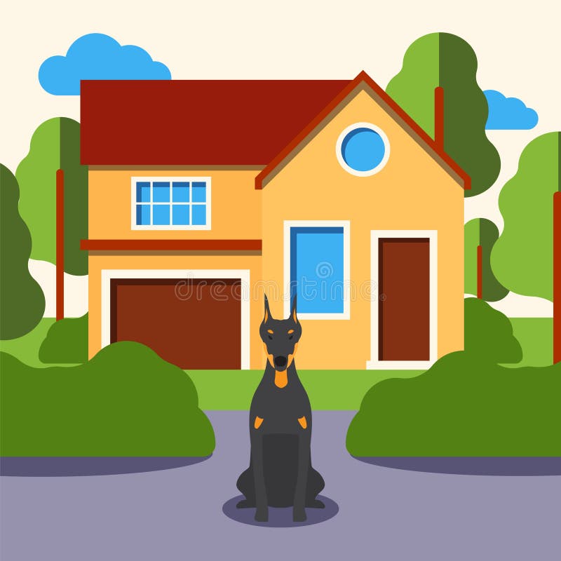 Dog in Front of House, Doberman Cartoon Character, Pet Animal Sitting, Flat  Style Vector Illustration Stock Vector - Illustration of modern, apartment:  173536420