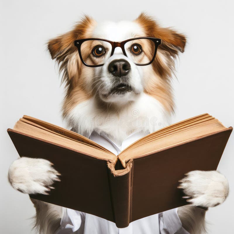 Dog with Glasses Reading a Book on White Background. Ai Generative