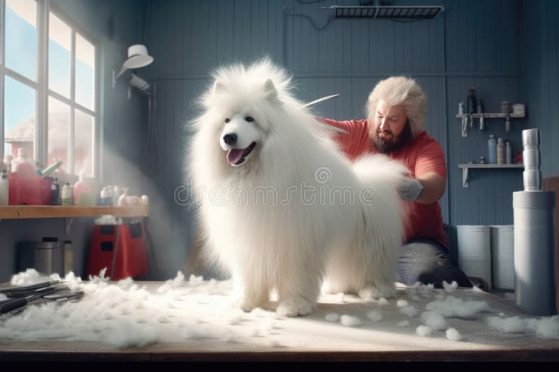 Dog groomer touching the fur of a white shaggy lap dog, pet barbershop setting