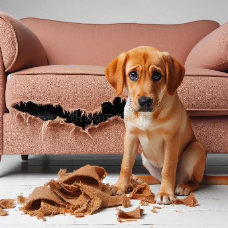 A Dog with a Guilty Look Sits Near a Ruined Sofa. Stock Illustration