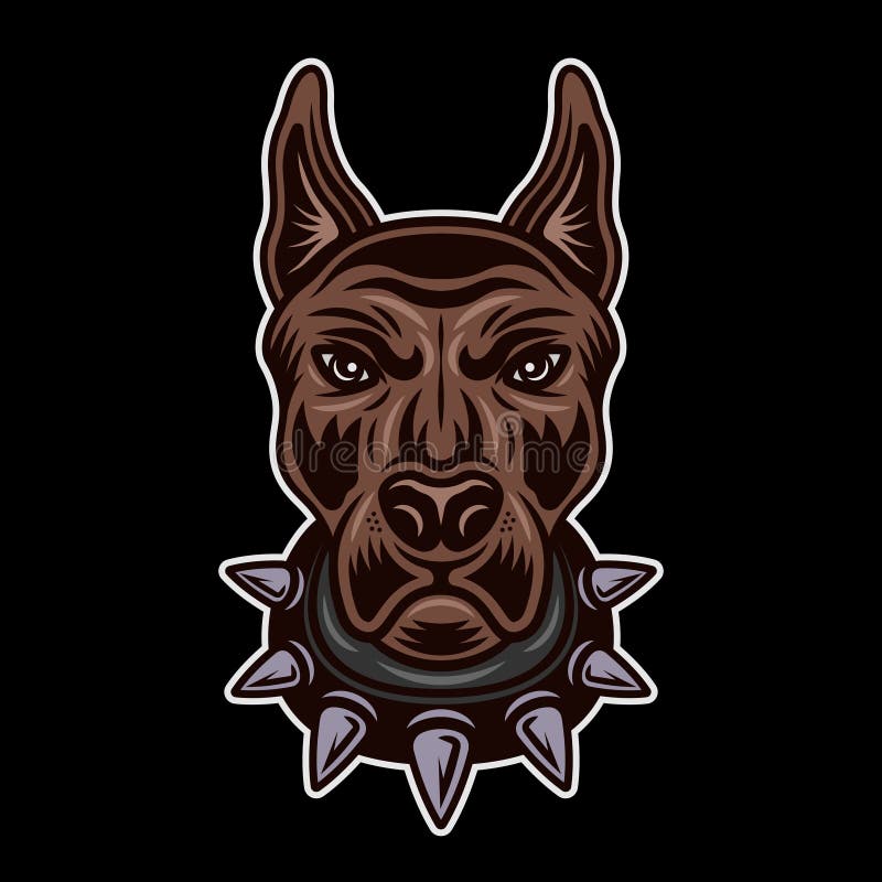Dog Head in Spiked Collar Front View Vector Colored Illustration on Dark Background Stock Vector