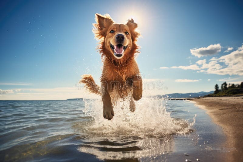 Dog Jumping into the Water on the Beach Stock Illustration