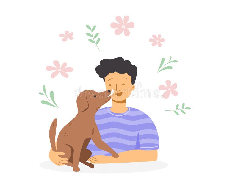 A Dog Licking of a Boy S Face, Dog Therapy Concept. Flat Vector