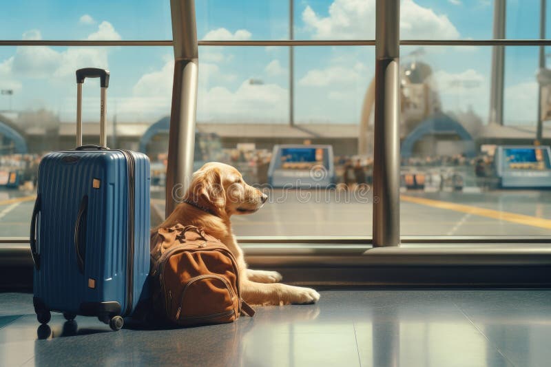 The dog is lying on the floor in the waiting room at the airport, looking out the window at the planes, waiting for the flight. Traveling with a pet. AI generated