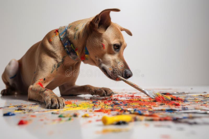 Dog with Paintbrush in Paw, Creating Abstract Piece of Art Stock Photo