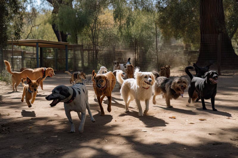 Dog park, with pack of dogs running and playing together stock illustration