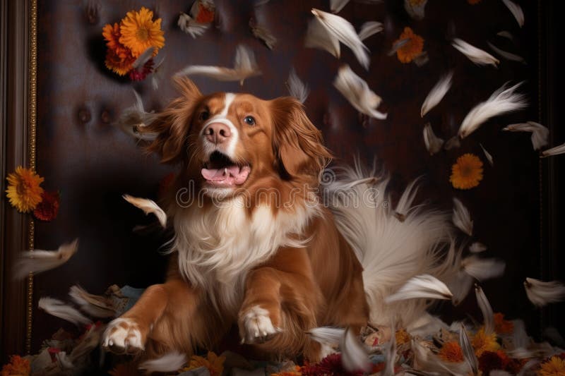 A Dog into a Pillow, Feathers Flying Everywhere Stock Image Image of