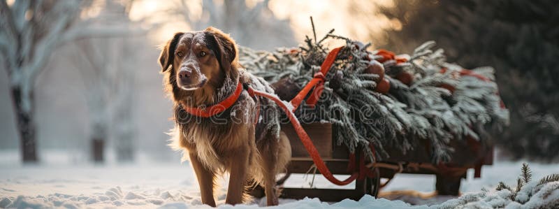 Dog pulls a Christmas tree on a sleigh in winter snowy forest