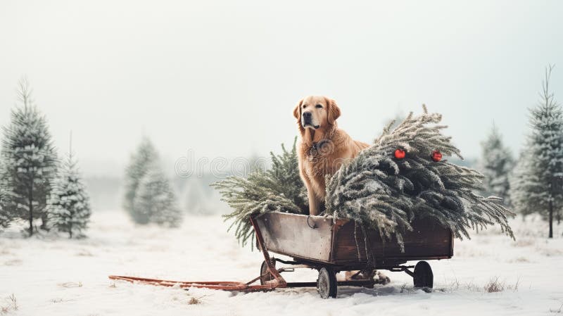 Dog pulls a Christmas tree on a sleigh in winter snowy forest