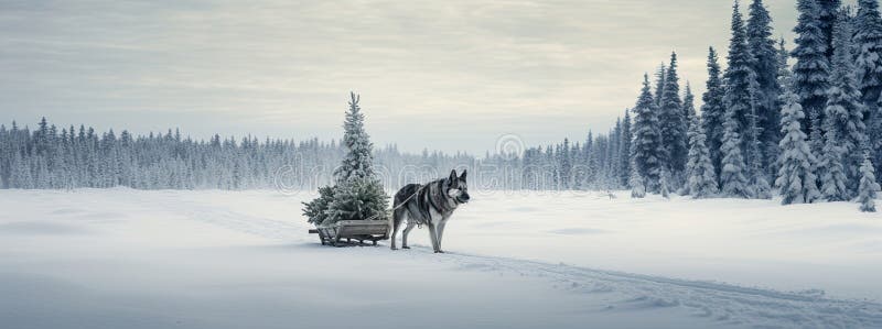 Dog pulls a Christmas tree on a sleigh in winter snowy forest