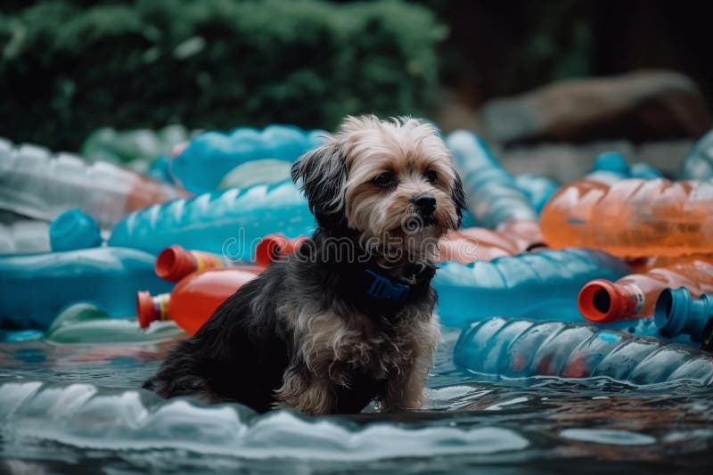 A Dog Sits in a River Surrounded by Plastic Bottles. Plastic Free July AI Generation Stock Image