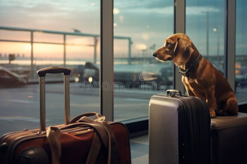 The dog is sitting on a suitcase in the waiting room at the airport, looking out the window at the planes waiting for the flight. Traveling with a pet. AI generated. The dog is sitting on a suitcase in the waiting room at the airport, looking out the window at the planes waiting for the flight. Traveling with a pet. AI generated