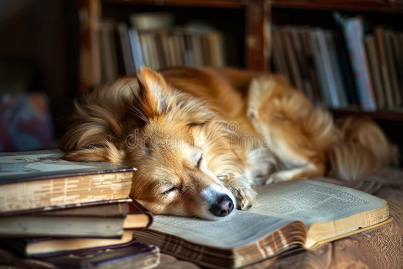 Dog is sleeping on top of a stack of books stock photo