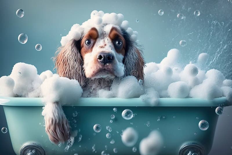 Dog taking a bath in a bathtub with foam, concept of Pet hygiene and Animal care, created with Generative AI technology. Dog taking a bath in a bathtub with foam, concept of Pet hygiene and Animal care, created with Generative AI technology