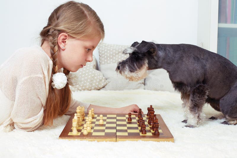 The dog teaches the child to play chess. Your turn stock photo The dog teaches the child to play chess. Your turn stock photo