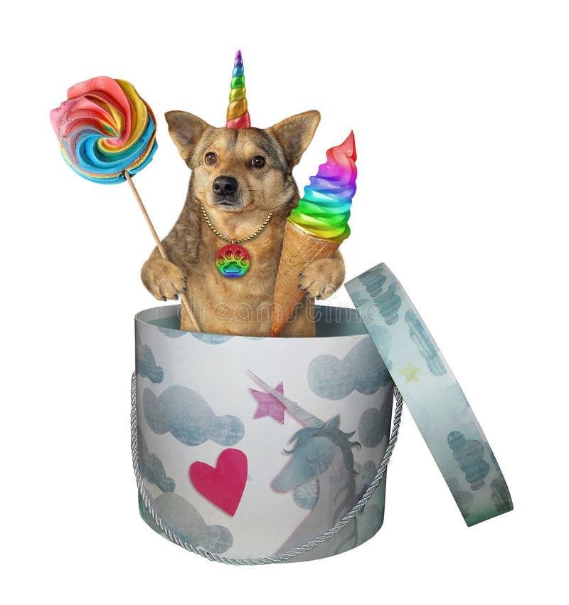 dog unicorn ice cream inside round gift box beige dog unicorn ice cream cone lollipop inside round gift 227210939