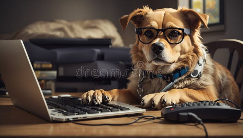 Dog using a computer stock illustration