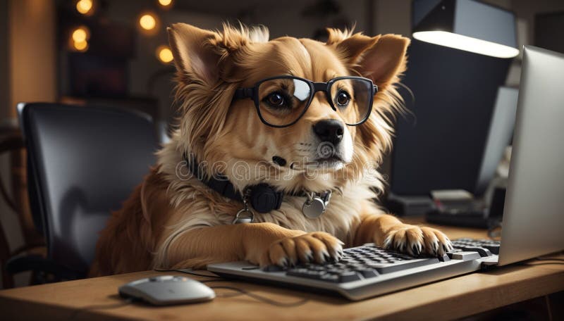 Dog using a computer stock illustration