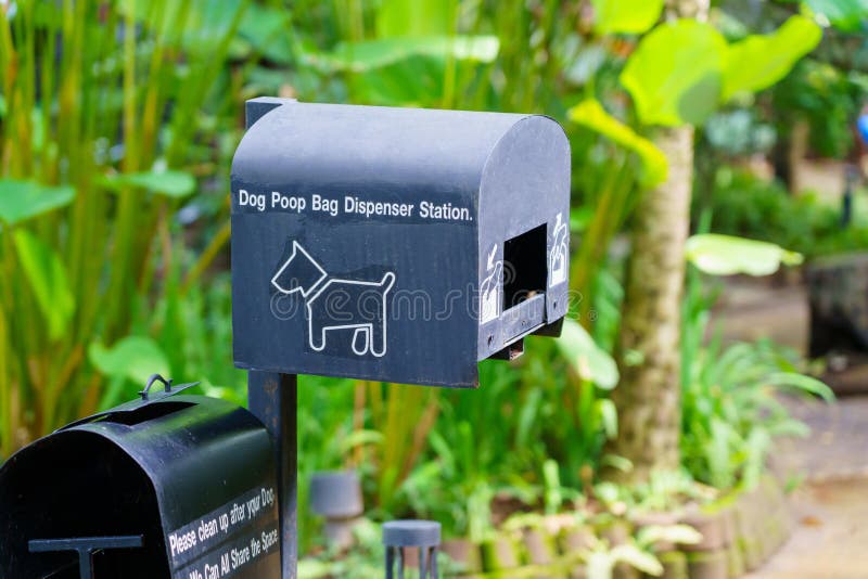 Dog waste station with black pet poop bags and garbage can beside a tree and pathway.