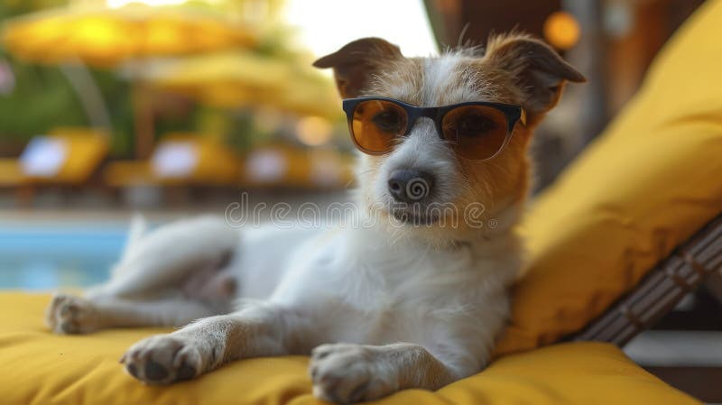 a dog wearing sunglasses and sitting on a comfy chair, cool animal