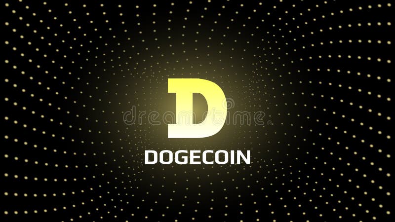 Dogecoin DOGE token symbol cryptocurrency in the center of spiral of glowing yellow dots on dark background.