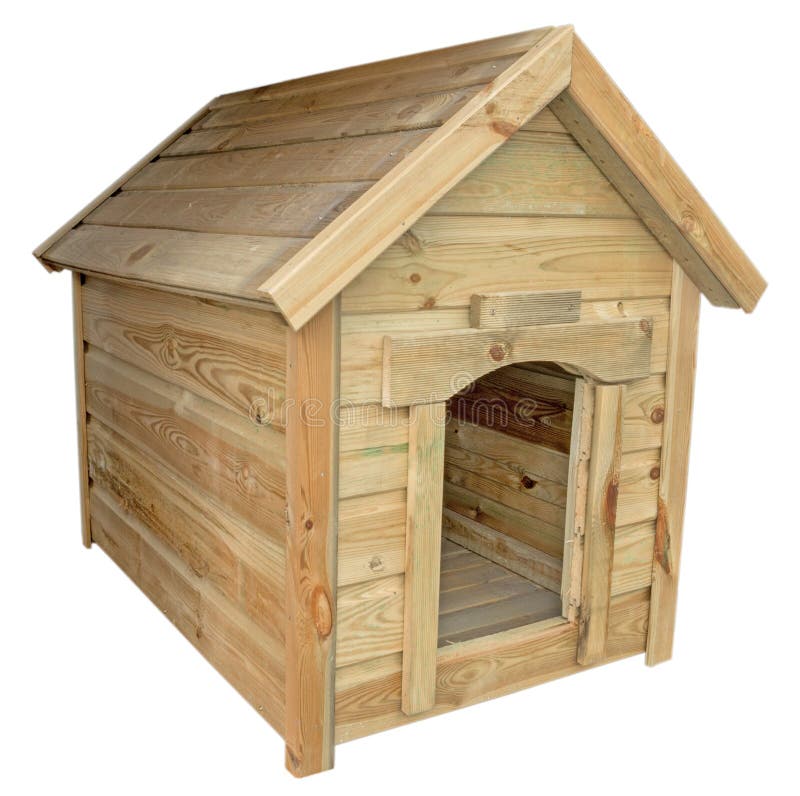 Doghouse with gable roof, made of laid horizontally wooden planks inserted into each other and fastened with screws, isolated