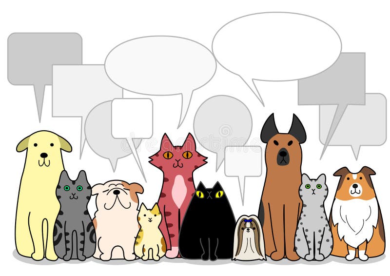 Dogs and cats group with speech bubbles