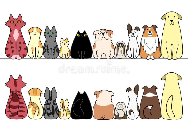 Dogs and cats in a row with copy space, front and back