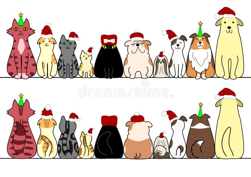 Cute Christmas dogs and cats in a row with copy space. Cute Christmas dogs and cats in a row with copy space.